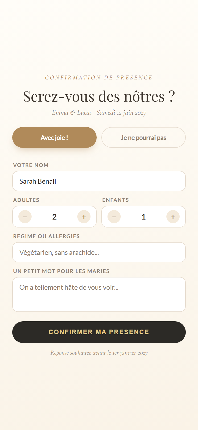 Formulaire RSVP sur téléphone